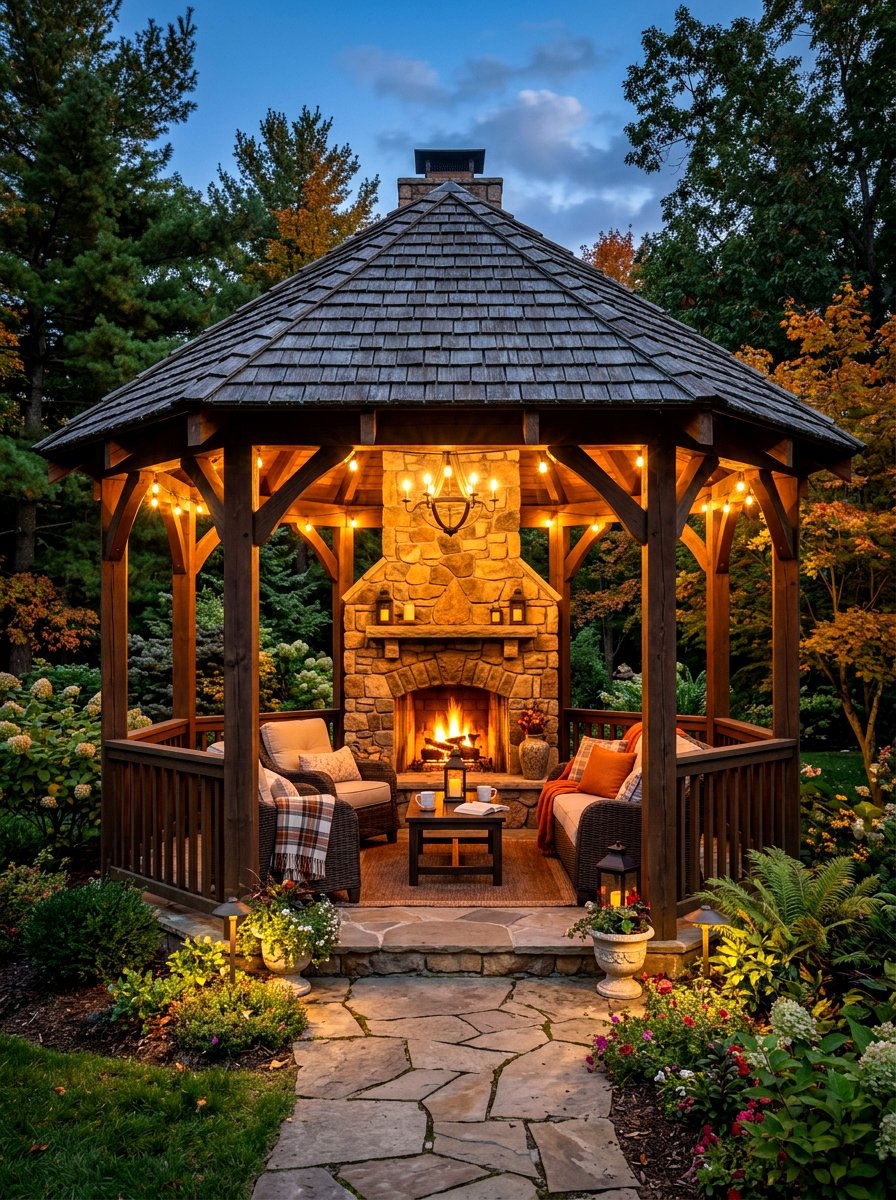 Gazebo with outdoor fireplace - 30 backyard gazebo ideas