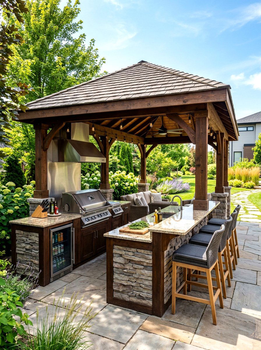 Gazebo with outdoor kitchen - 30 hexagon gazebo ideas