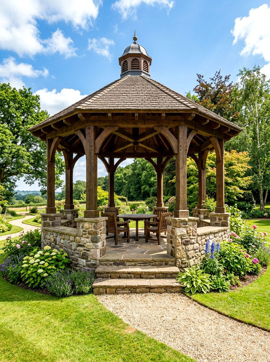 Gazebo with stone base - 30 hexagon gazebo ideas