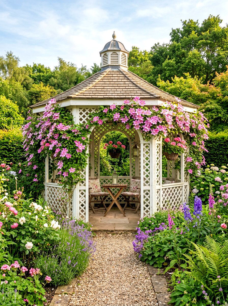 Gazebo with trellis walls - 30 hexagon gazebo ideas