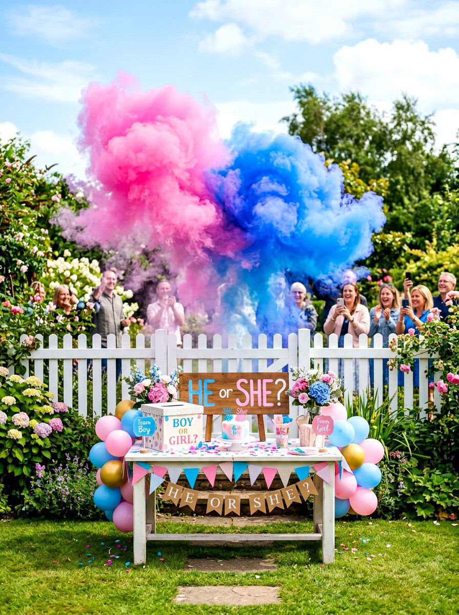 Gender reveal smoke station - 30 baby shower backyard decor ideas