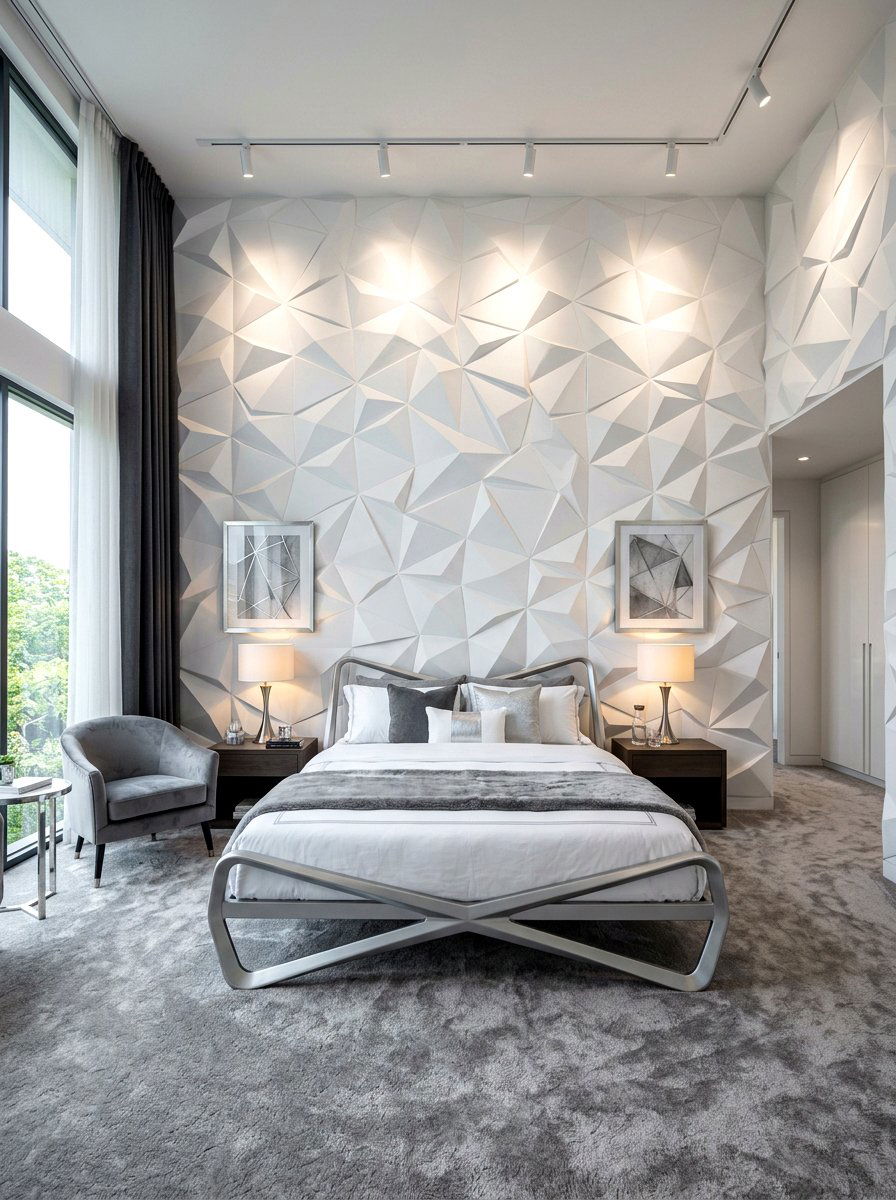 Geometric 3D wall panels bedroom - 30 futuristic glam bedroom ideas
