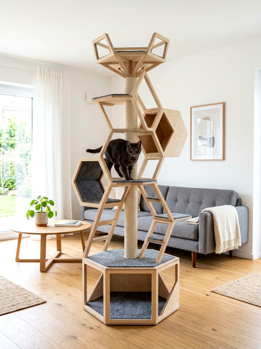 Geometric Cat Climbing Tree - 30 pet nook living room ideas