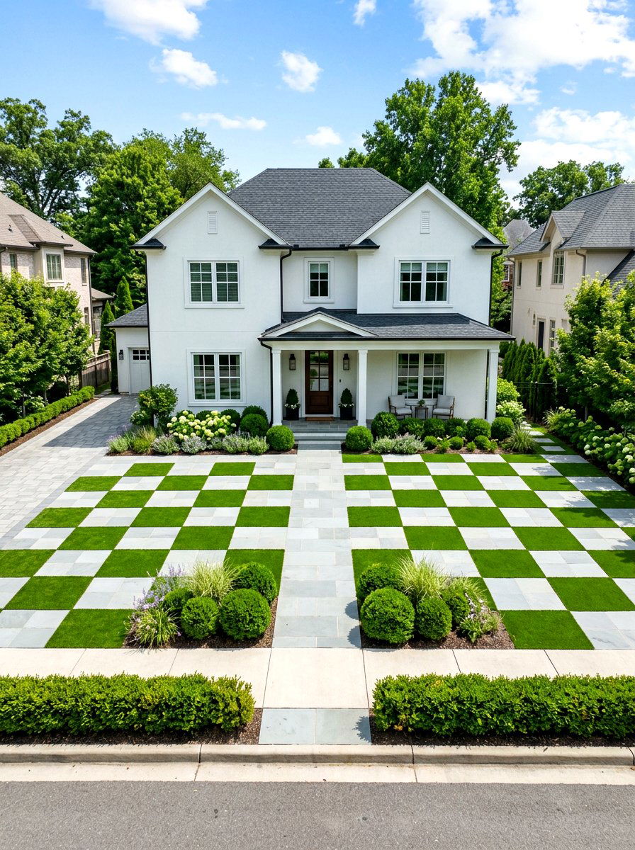 Geometric Checkerboard Pattern - 30 artificial grass front yard ideas