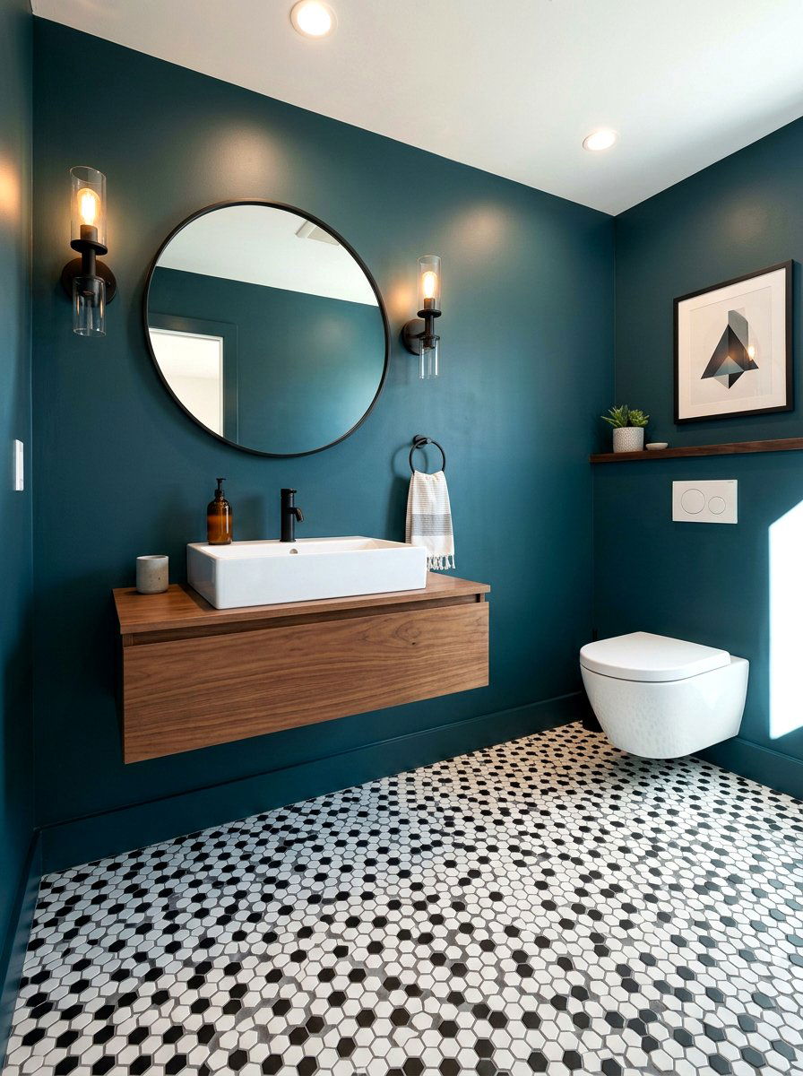 Geometric Floor Tile - 30 deep teal powder room ideas