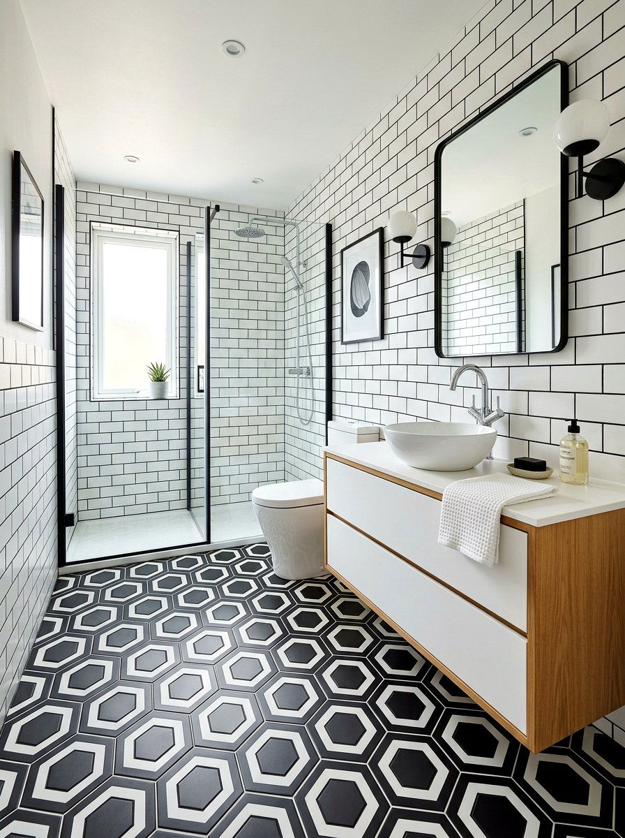 Geometric Floor Tile - 30 jewel box bath ideas