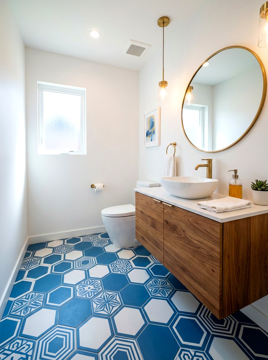 Geometric Floor Tile Powder Room - 30 boutique hotel powder room ideas