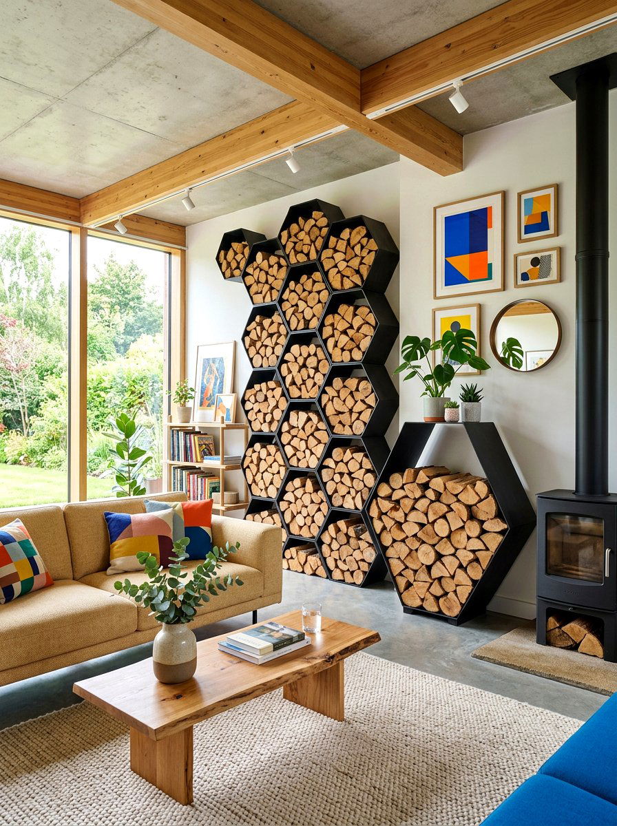 Geometric Hexagon Firewood Rack - 30 firewood storage wall ideas