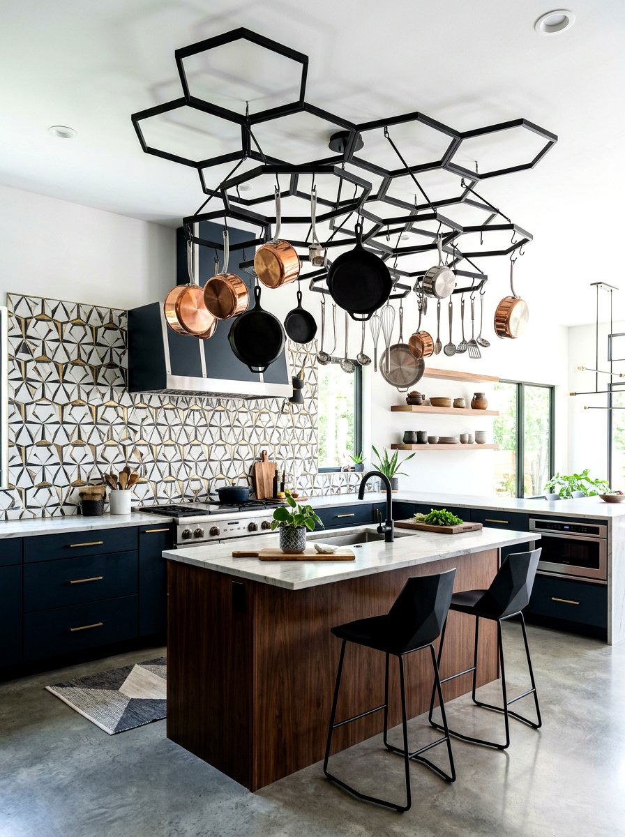 Geometric Hexagon Pot Rack - 30 hanging pot rack ideas