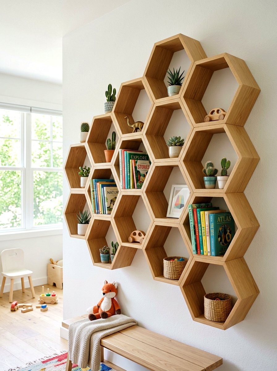Geometric Honeycomb Shelf - 30 playroom bookshelf ideas