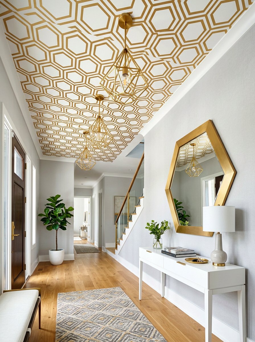 Geometric Honeycomb Wallpaper Foyer - 30 wallpapered foyer ceiling ideas