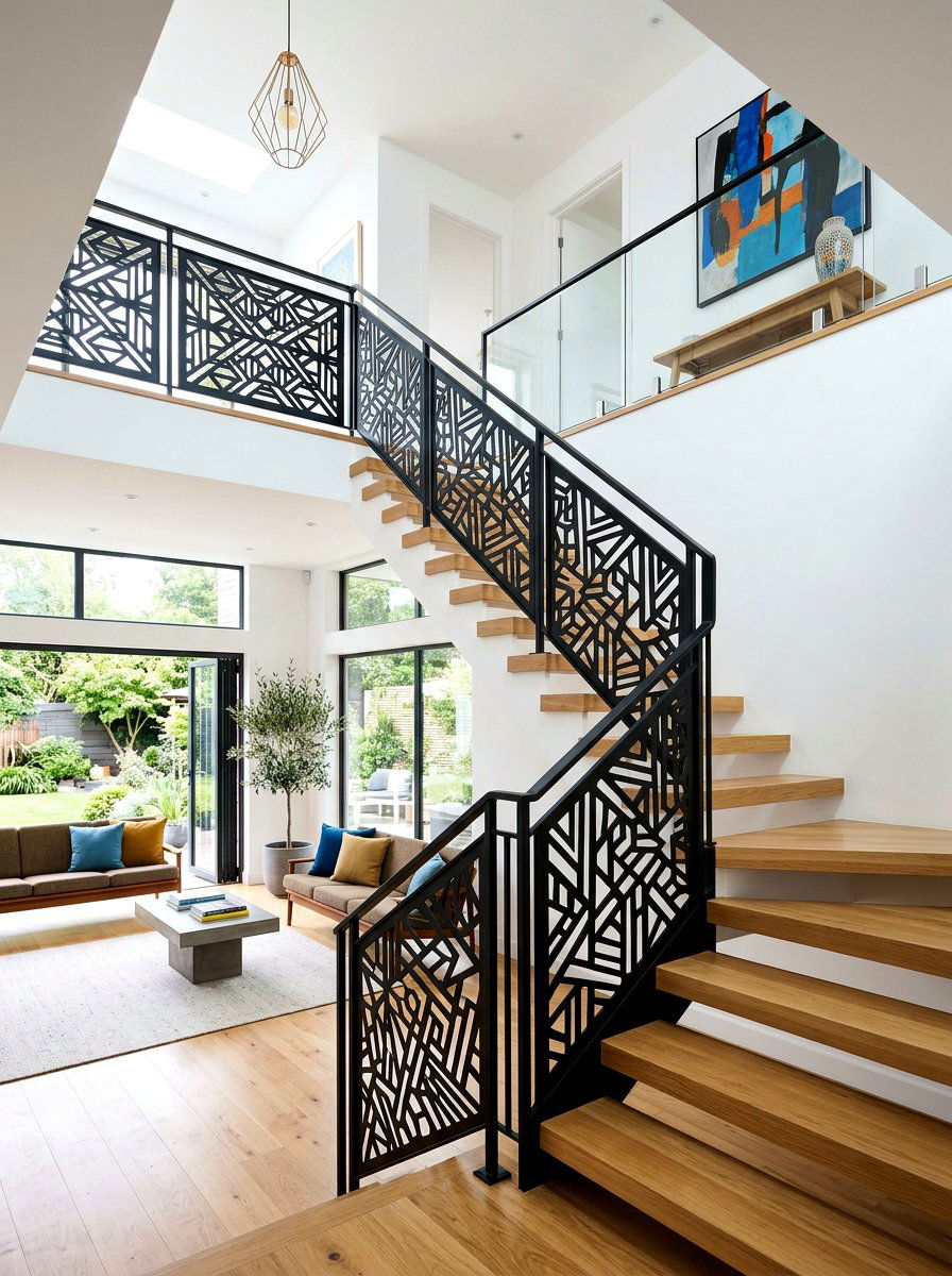 Geometric Laser Cut Metal Railing - 30 banister makeover ideas
