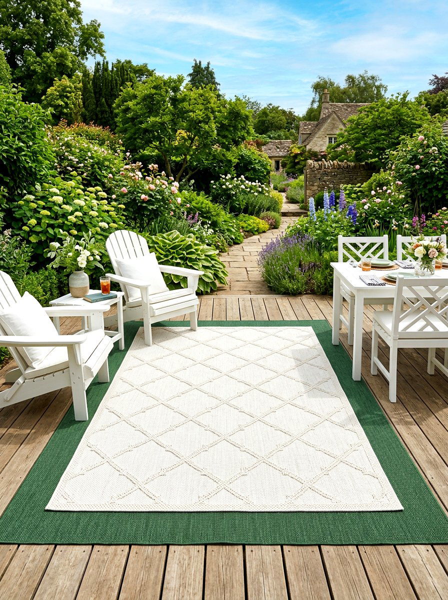Geometric Lattice Outdoor Rug Layer - 30 outdoor rug layering ideas