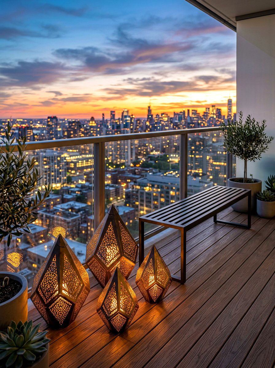 Geometric Metal Lights - 30 apartment patio mood lighting ideas