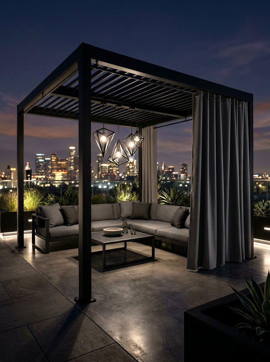 Geometric Metal Pendants With Gray Panels - 30 gazebo curtain lighting ideas