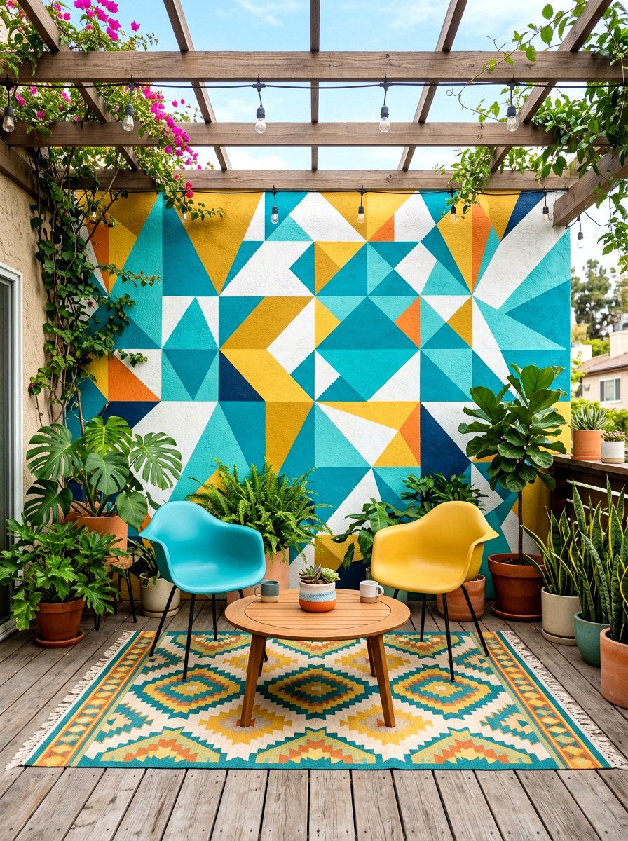 Geometric Mural - 30 patio accent wall ideas