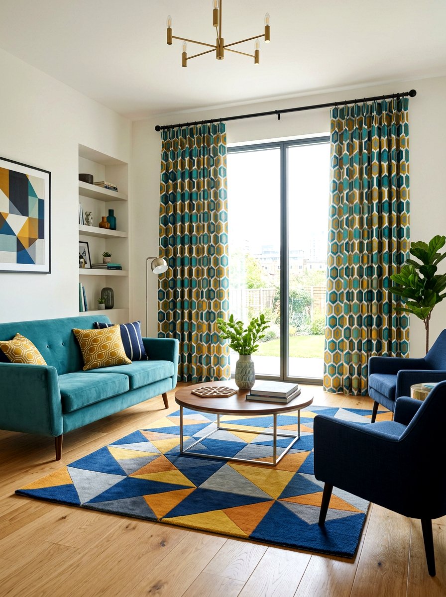 Geometric Pattern Drapery - 30 dramatic drapery living room ideas