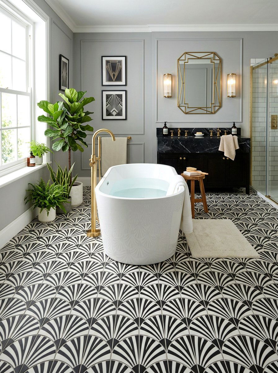 Geometric Pattern Floor Tile - 30 art deco bathroom ideas