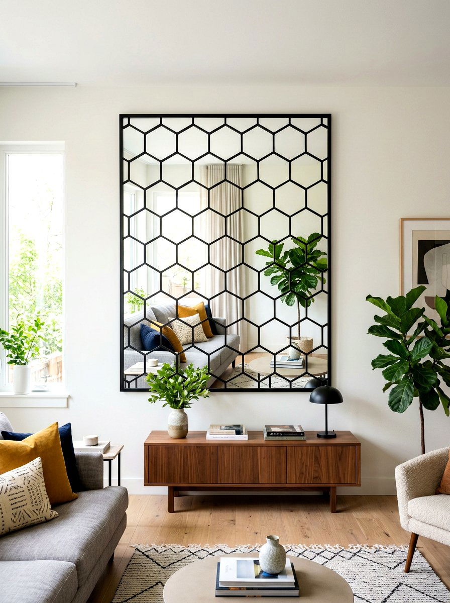 Geometric Pattern Frame Mirror - 30 statement floor mirror living room ideas