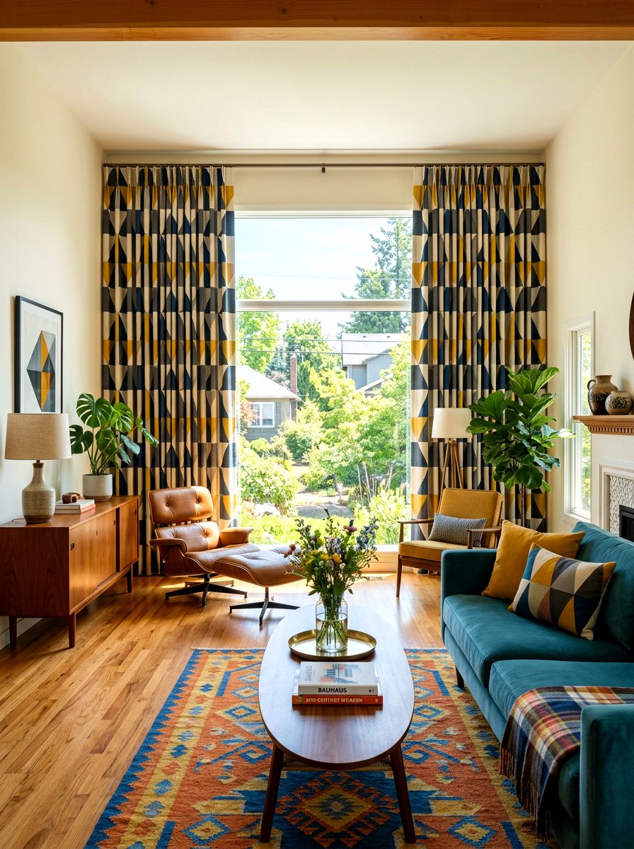 Geometric Pattern Living Room - 30 tailored drapery living room ideas