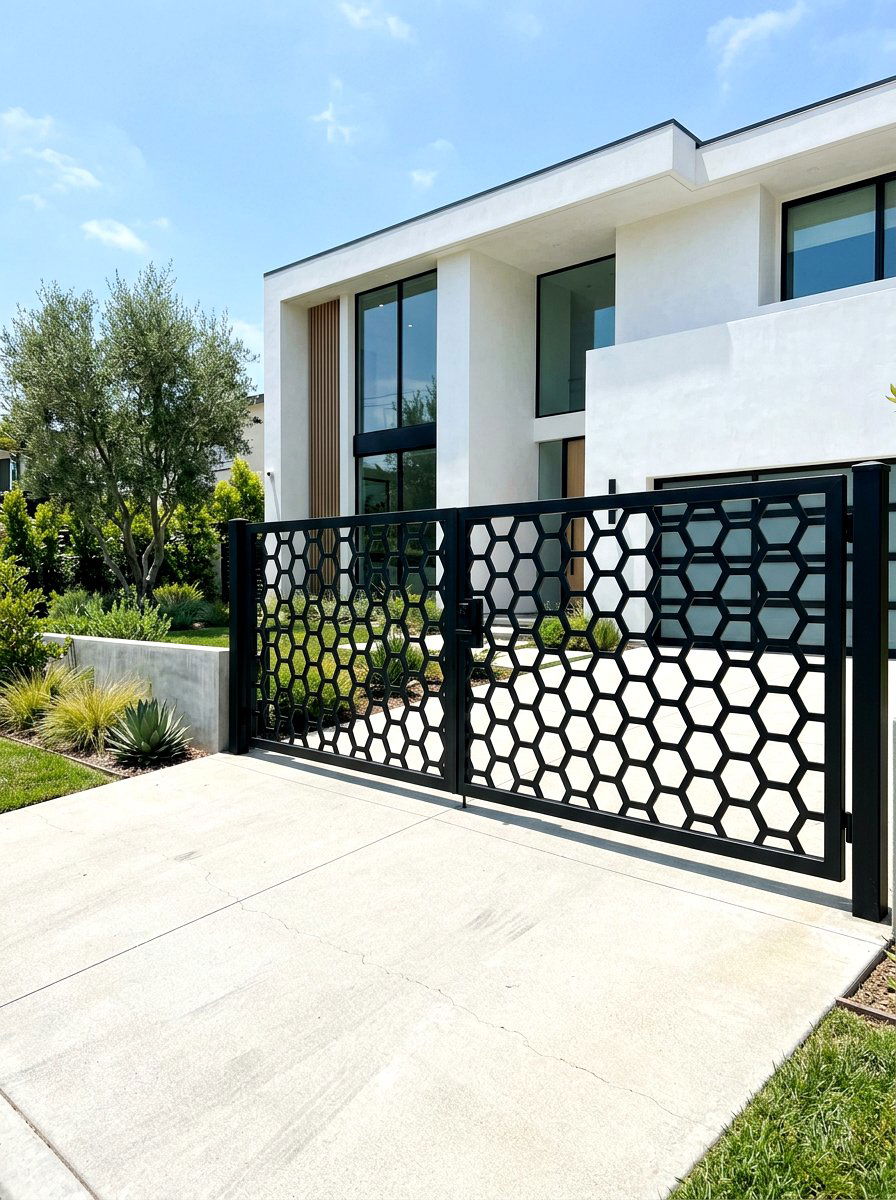 Geometric Pattern Metal Gate - 30 driveway gate ideas