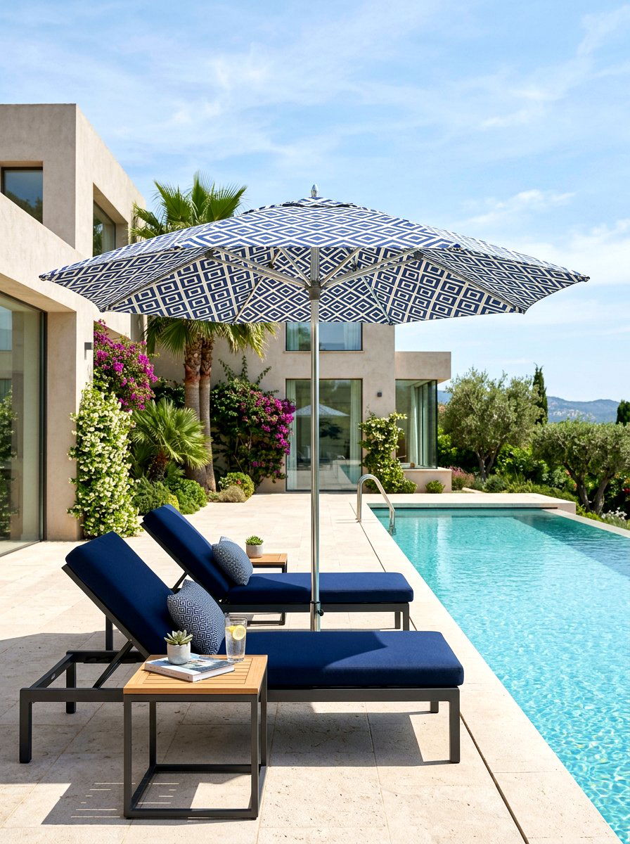 Geometric Pattern Outdoor Umbrella - 30 poolside umbrella lounge ideas