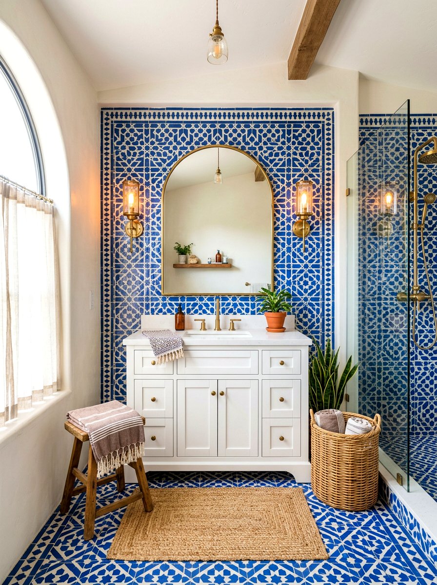 Geometric Pattern Tile Bathroom - 30 floor to ceiling tile bathroom ideas