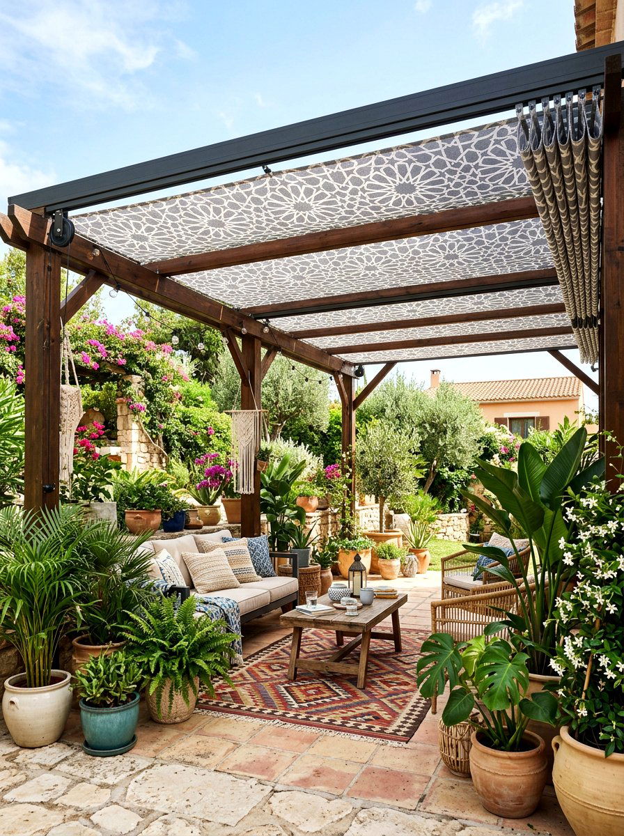 Geometric Patterned Pergola Fabric - 30 retractable pergola shade ideas