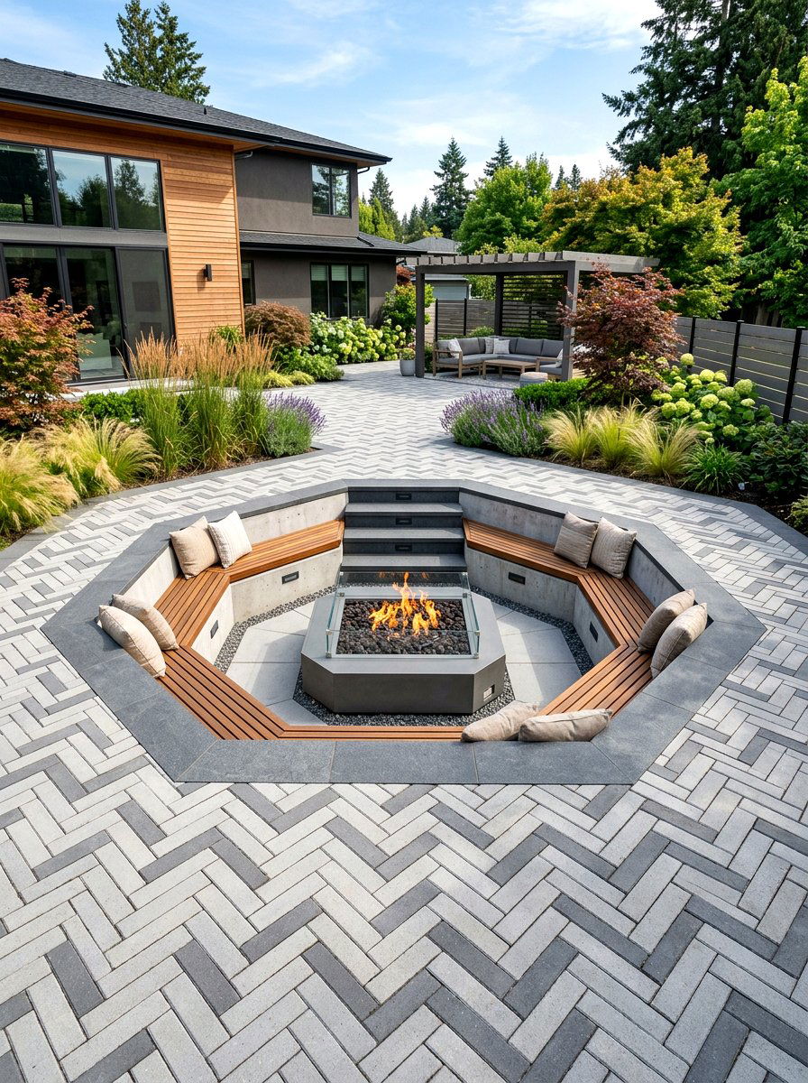 Geometric Paver Conversation Area - 30 conversation pit patio ideas