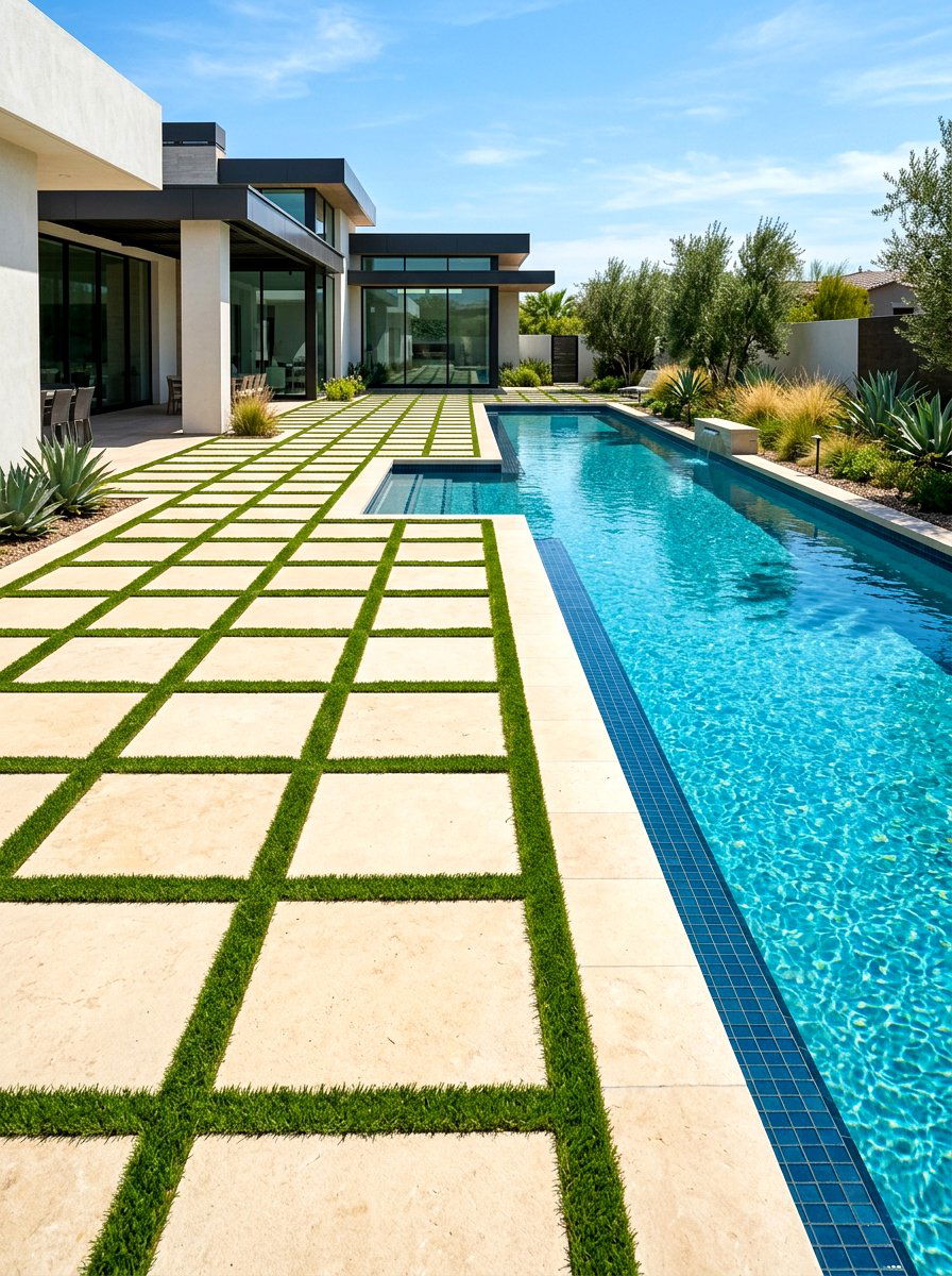 Geometric Pool Pavers - 30 lap pool backyard decor ideas