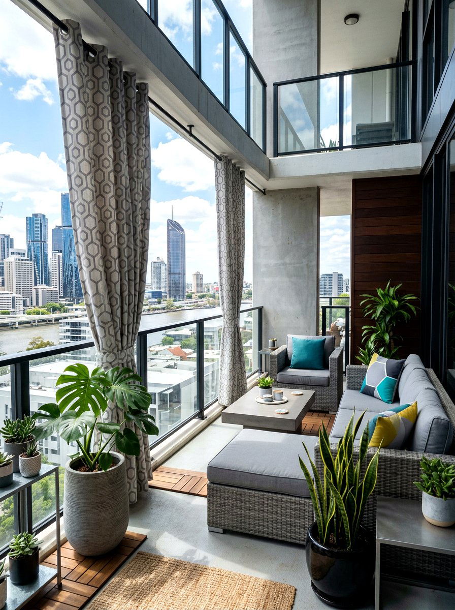 Geometric Print Balcony Curtains - 30 balcony privacy curtain ideas aesthetic
