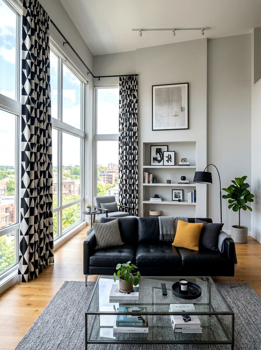 Geometric Print Curtains - 30 statement drapes living room ideas