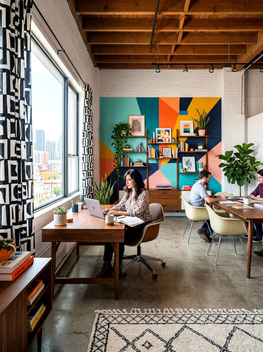 Geometric Print Office Curtains - 30 office curtain ideas