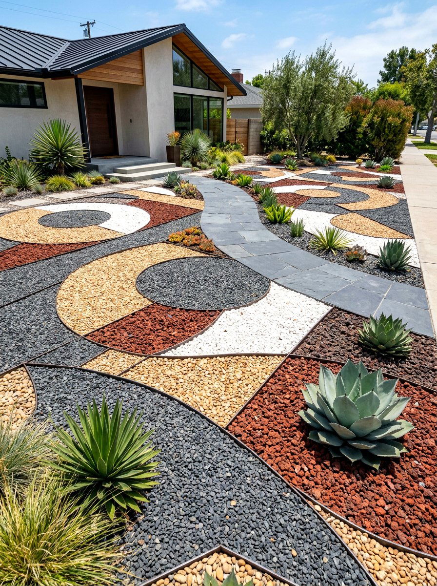 Geometric Rock Pattern - 30 rock mulch front yard ideas