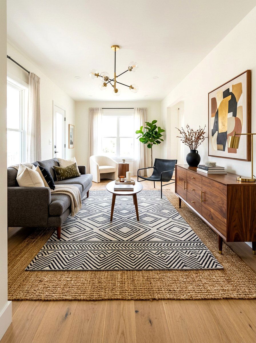 Geometric Rug On Jute Rug - 30 layered rug ideas