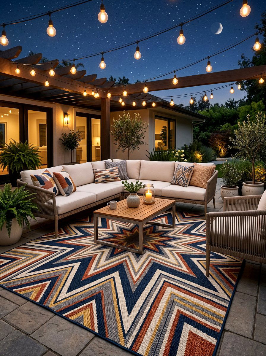 Geometric Rug Starlit Patio - 30 starlit patio ideas