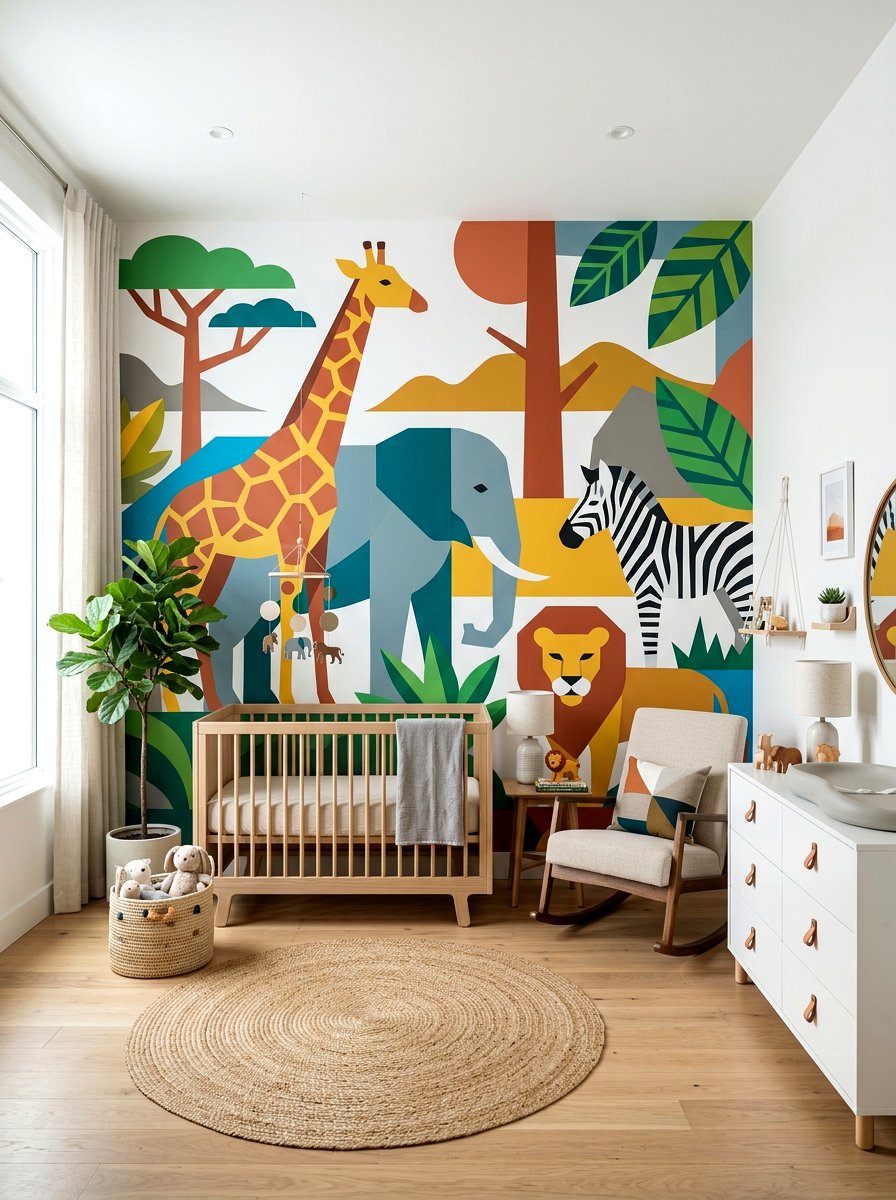 Geometric Safari Animal Mural - 30 safari wall mural nursery ideas