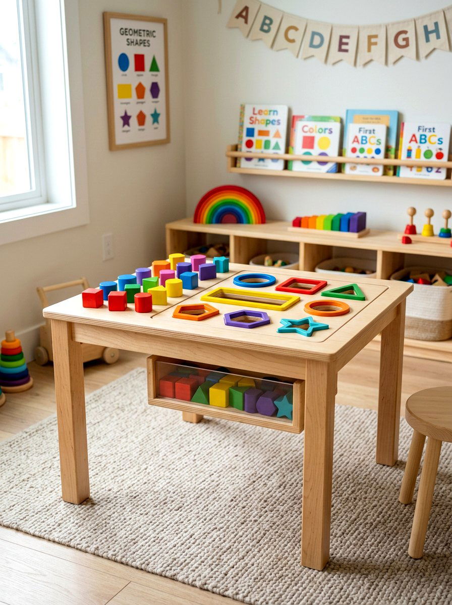 Geometric Shape Sorter Activity Table - 30 Montessori playroom ideas