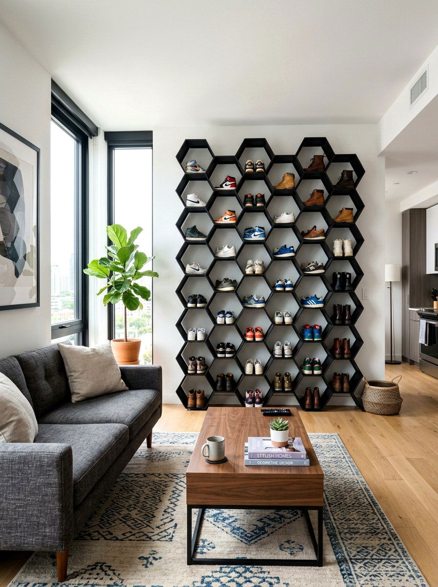 Geometric Shoe Cubby - 30 apartment shoe wall ideas