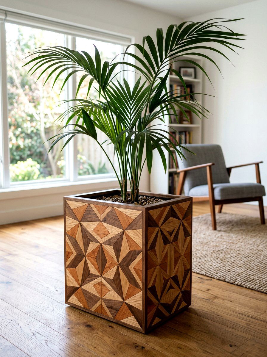 Geometric Stained Wood Planter - 30 wooden planter ideas