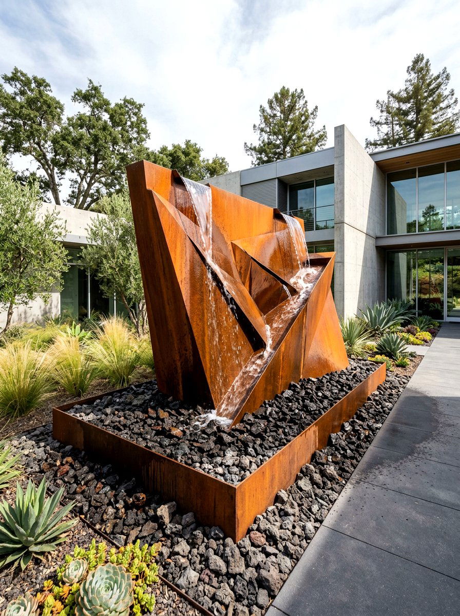 Geometric Steel Fountain - 30 entry fountain landscaping ideas