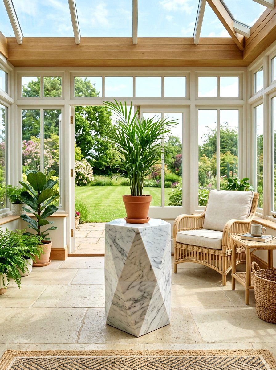 Geometric Stone Pedestal Sunroom - 30 stone pedestal decor ideas