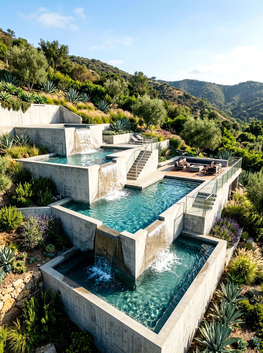 Geometric Tiered Pool - 30 water feature landscaping ideas