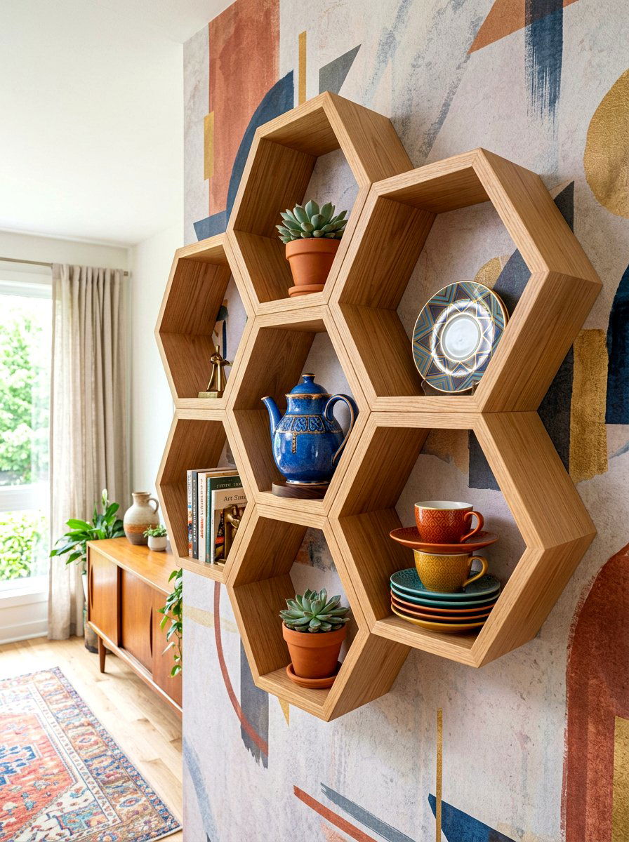 Geometric Wall Shelf - 30 tea shelf styling ideas