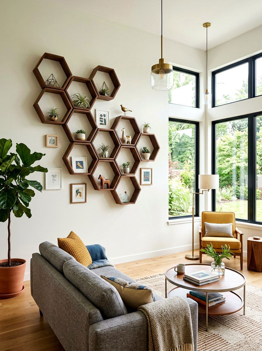 Geometric Wall Shelves - 30 living room shelf decor ideas