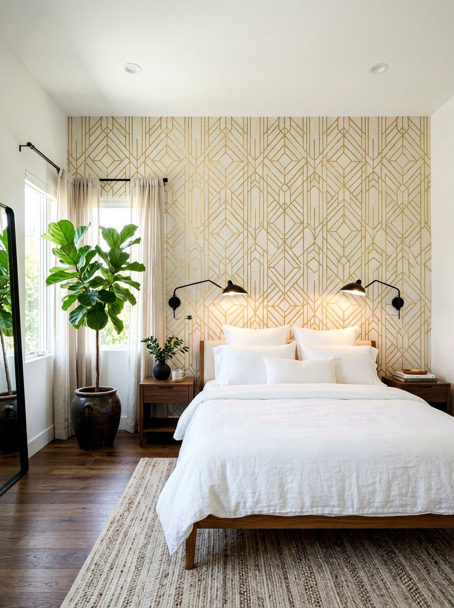Geometric Wallpaper Accent - 30 boutique hotel bedroom ideas