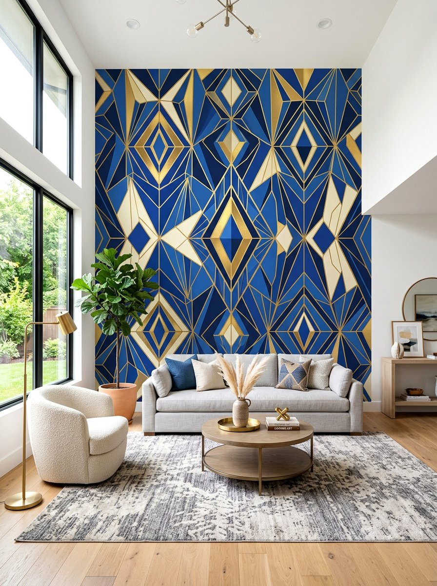Geometric Wallpaper Mural - 30 tall ceiling living room ideas