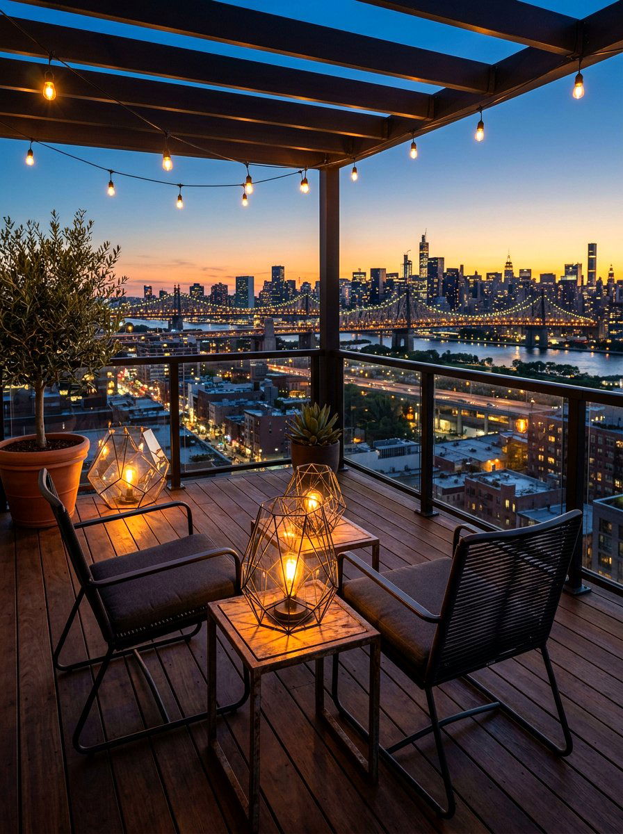 Geometric Wire Lantern Deck - 30 candle lantern patio ideas