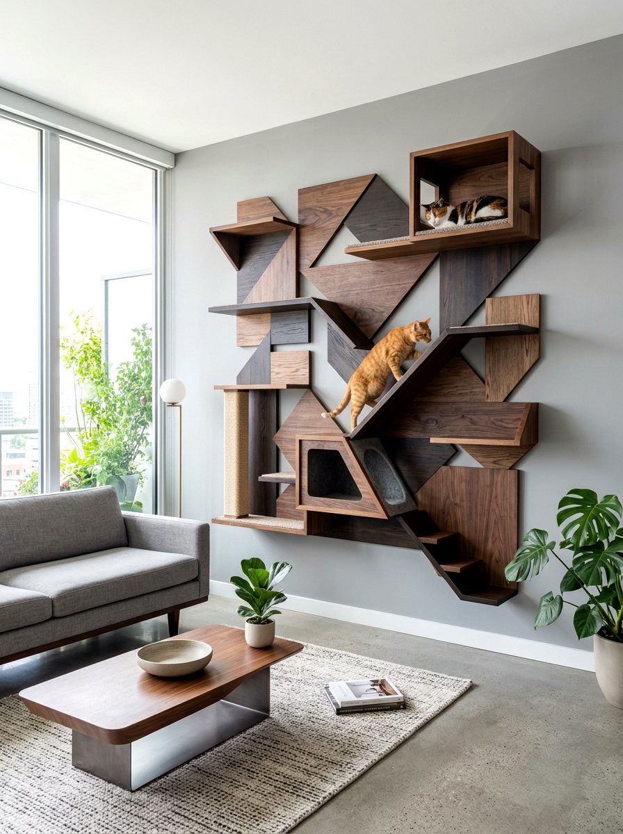 Geometric Wood Art Cat Shelf Wall - 30 cat shelf wall ideas