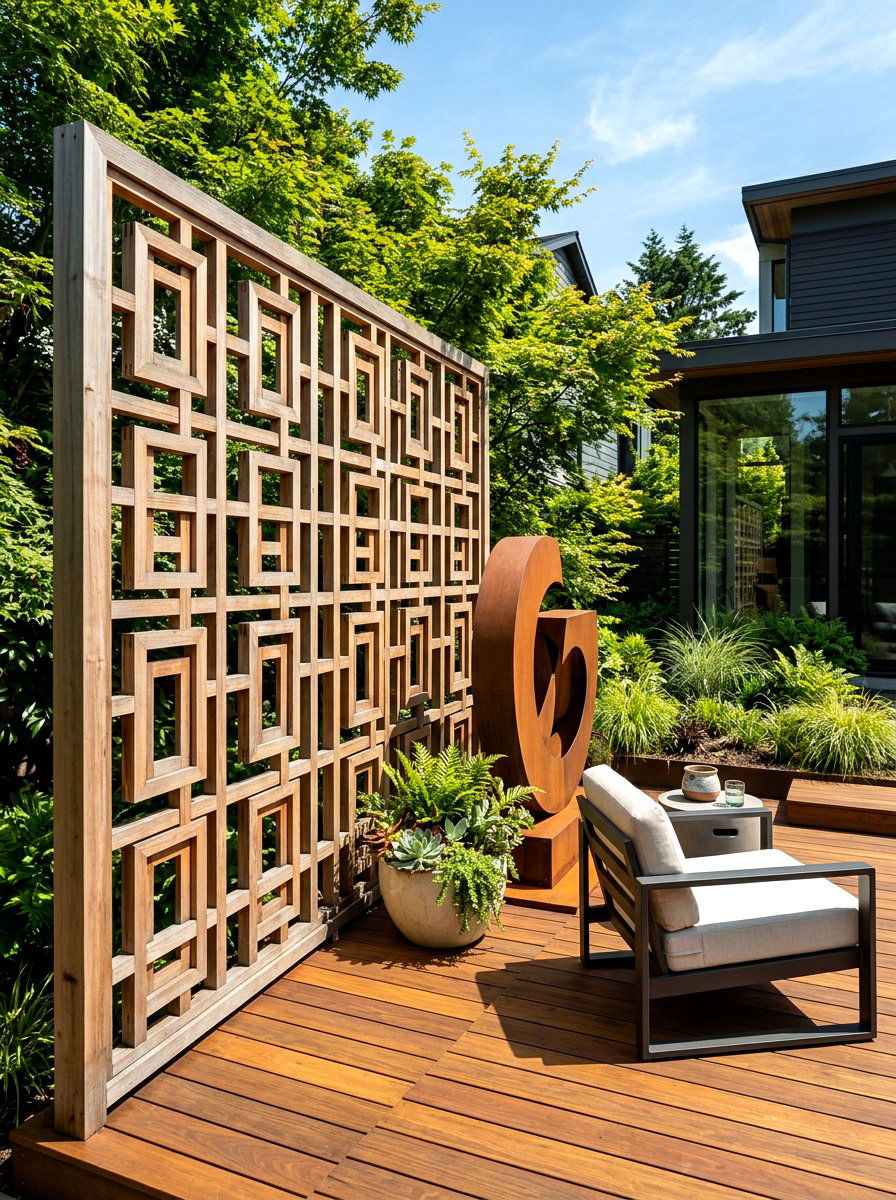 Geometric Wood Privacy Screen - 30 trellis privacy ideas
